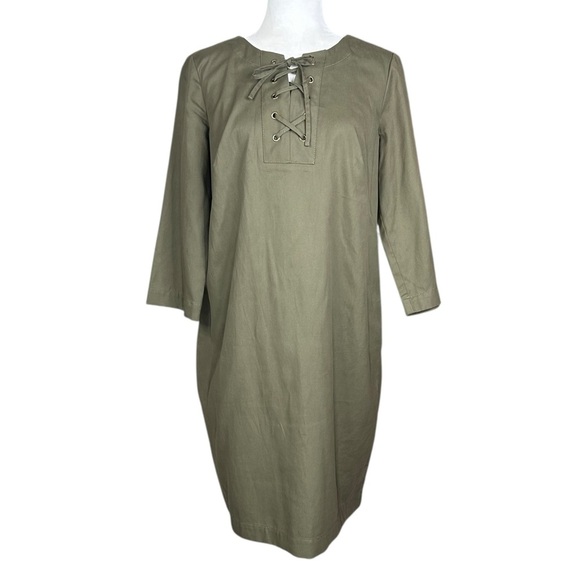 Talbots Shift Dress 10 Lace Up 3/4 Sleeve Tencel Blend Army Green Closet Staple - Picture 1 of 10